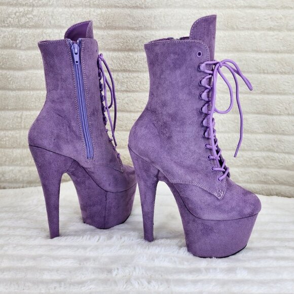 Lavender Lilac Purple Faux Suede Platform 7" Heel Lace Up Ankle Boots - Picture 9 of 12